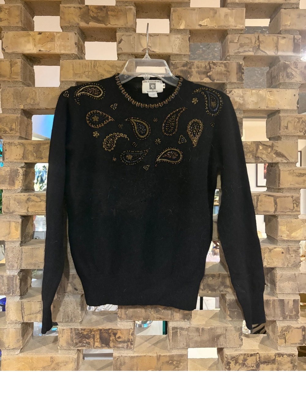 Anne Klein Black Crewneck Sweater with Gold Paisley Beading